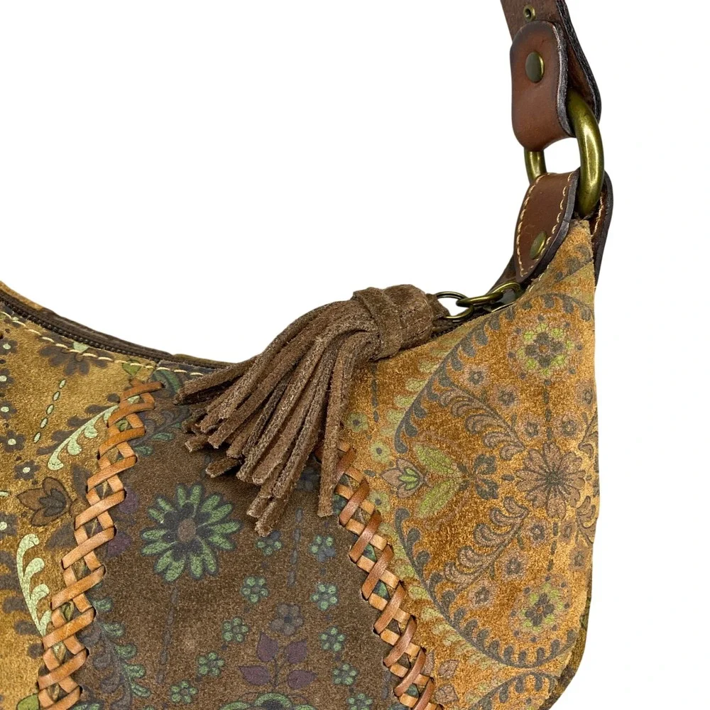 Floral Paisley Patchwork Suede Hobo Bag Tassel Whipstitch Brown Boho Bag